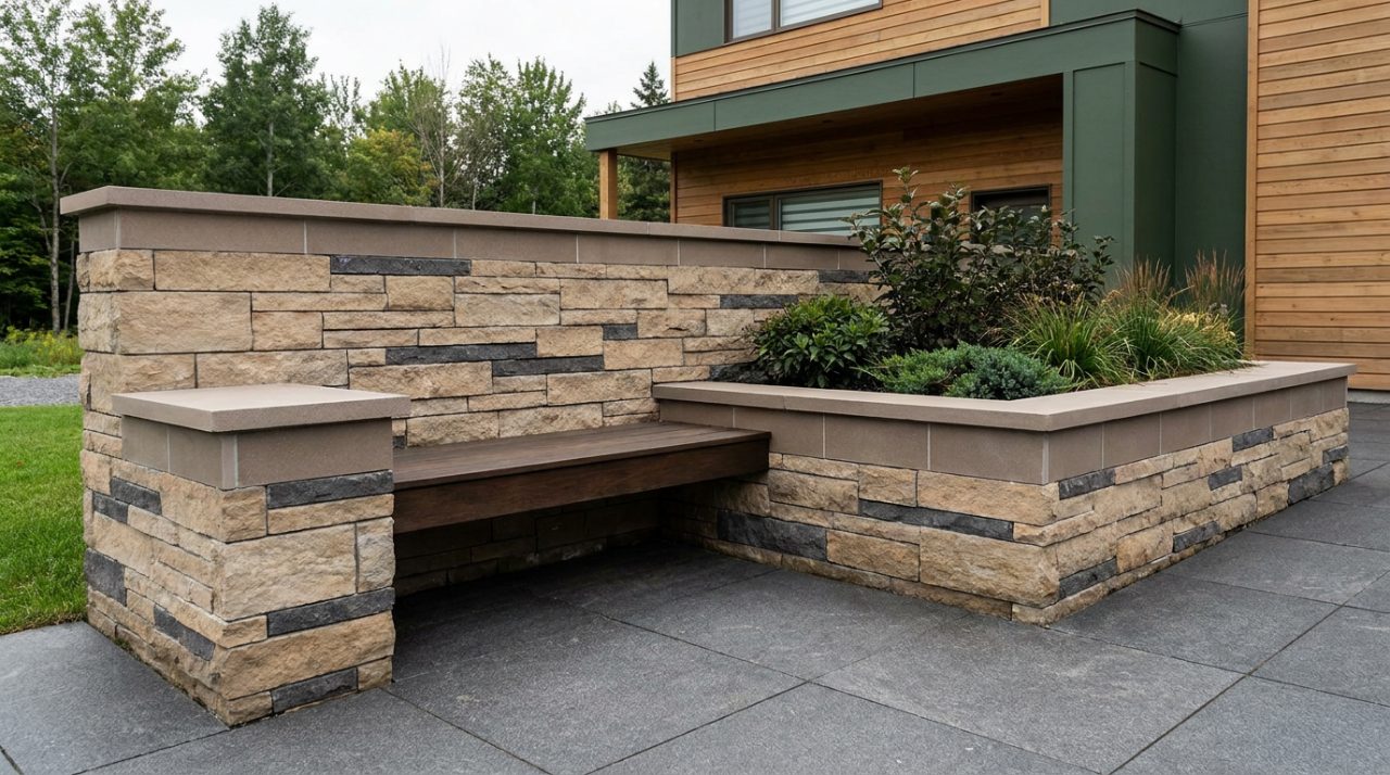 Muret en pierre · banc intégré · jardinière encastrée