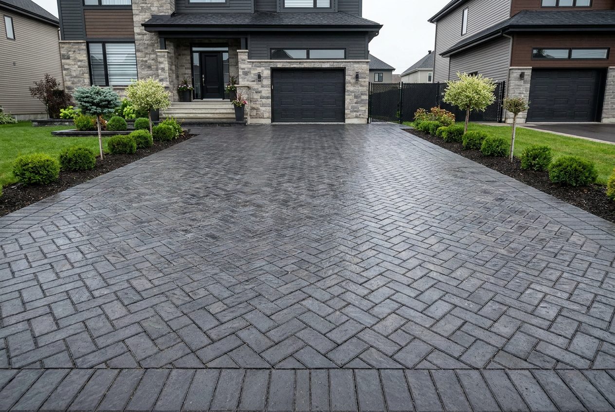 Entrée double · pavé uni gris charcoal · pose en chevron